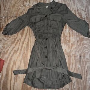 army green button down dress with belt